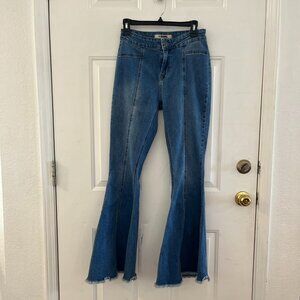 Rock&Roll Denim Cowgirl Bargain Button Bell Bottom Wide Leg Jeans Sz 28+32